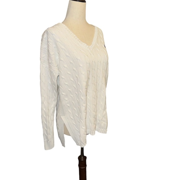 Polo Ralph Lauren White Cable-knit Split Hem V-neck Sweater - Picture 3 of 6